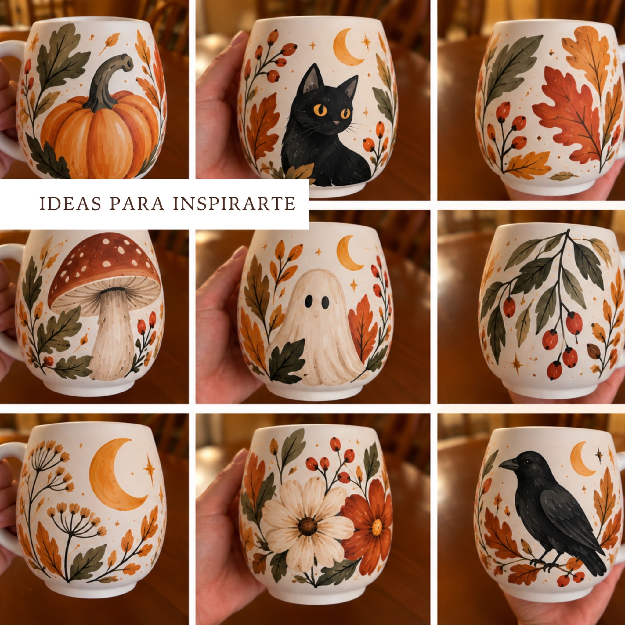 Ideas otoñales para decorar tu taza: hojas, flores, calabazas y gatos